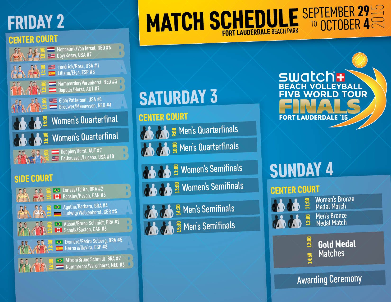 #SwatchWTFinalsUSA: Match Schedule Oct. 2 – Oct. 4